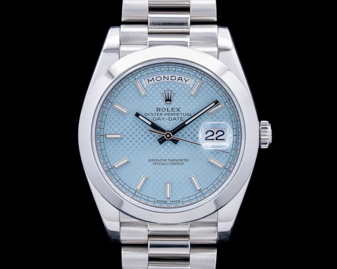 Rolex 228206 Day-Date President Platinum Ice Blue Diagonal Motif Dial