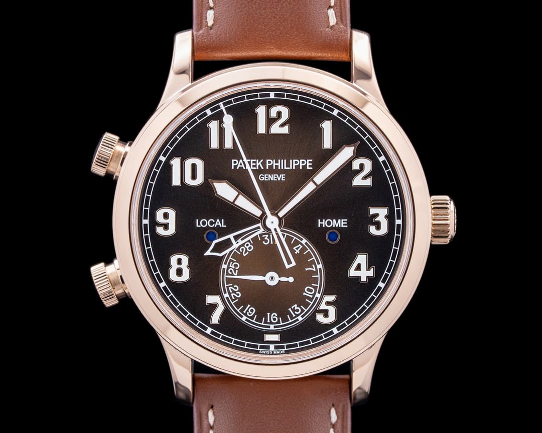Image of Patek Philippe 5524R Calatrava Pilot Travel Time 18K Rose Gold Brown Dial