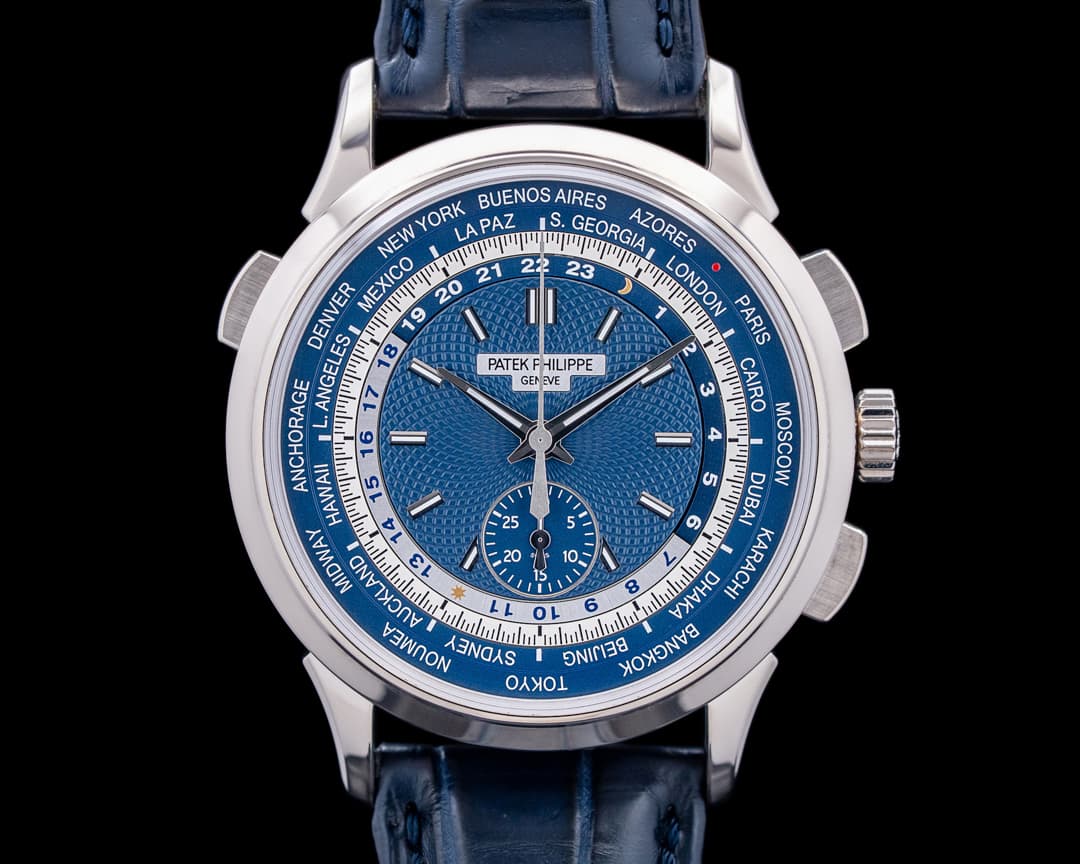 Patek Philippe 5930G World Time Chronograph 18K White Gold Blue Guilloche Dial
