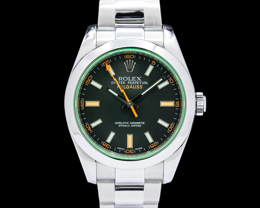 Rolex 116400GV Milgauss Green Crystal SS Black Dial Circa. 2010