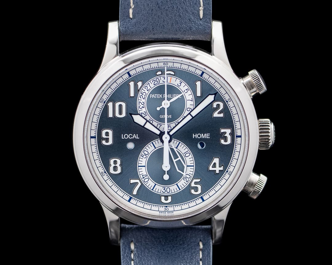 Image of Patek Philippe 5924G Calatrava Pilot Travel Time Chronograph 18K White Gold Blue Dial