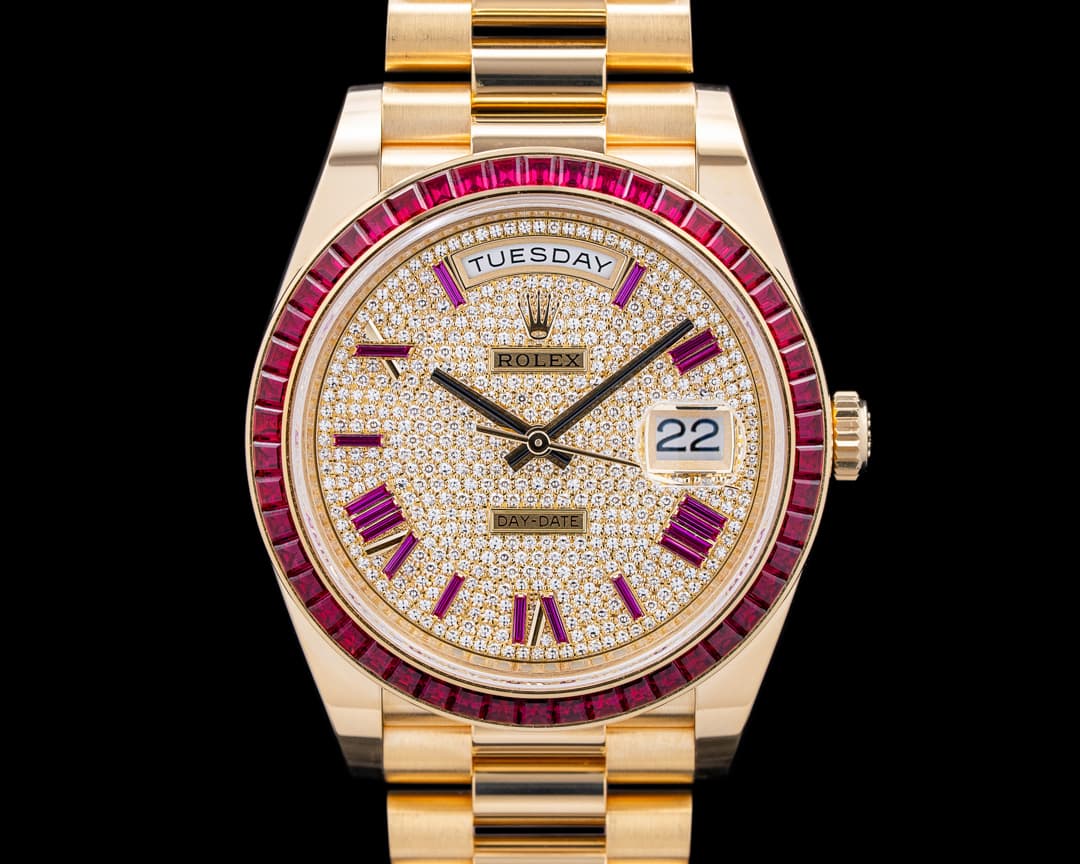 Rolex Day Date 18K Yellow Gold Ruby Bezel Pave Dial RARE UNWORN