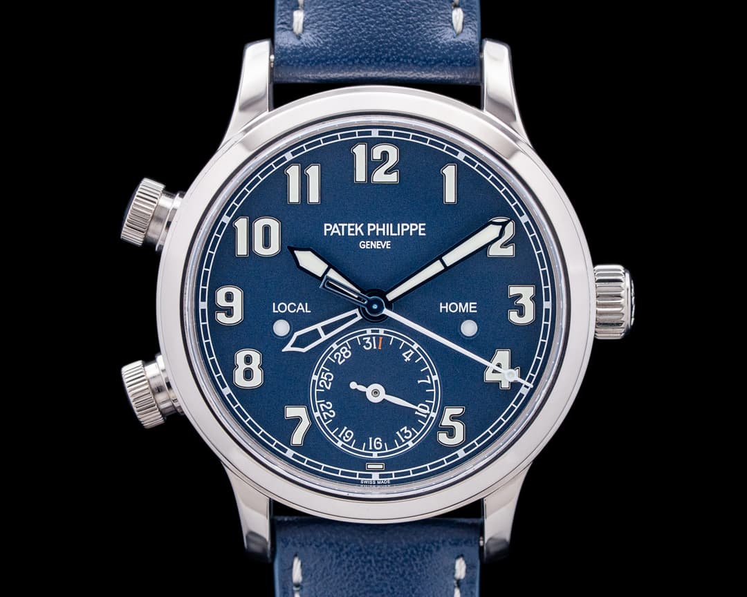 Image of Patek Philippe 7234G Calatrava Pilot Travel Time 18K White Gold Navy Blue Dial