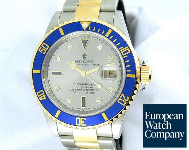 Image of Rolex Submariner 2T Blue Bezel/Silver Serti Dial with Diamonds