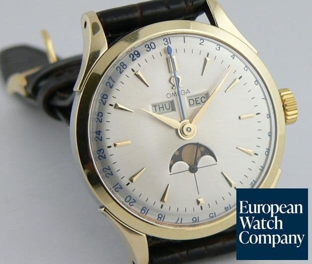 Image of Omega Cosmic Triple date Steel and Gold Moon
English Calendar