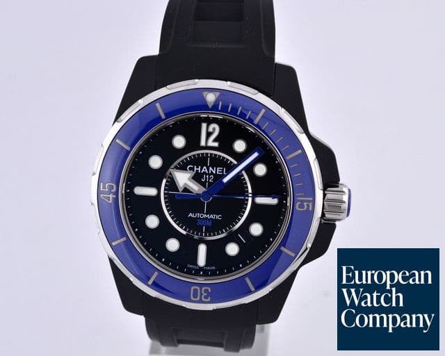 Image of Chanel J12 Ceramic Marine Black Rubber / Blue Bezel