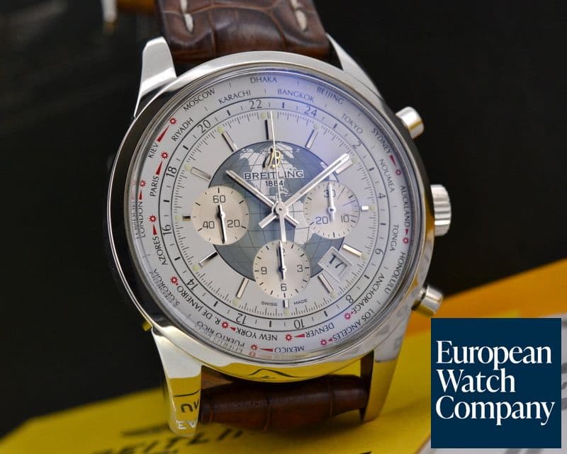 Image of Breitling TransOcean Chronograph Unitime Silver Dial SS / Alligator 