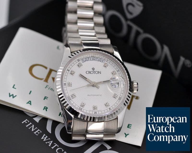 Image of Croton 18K Day - Date Silver Diamond Dial 