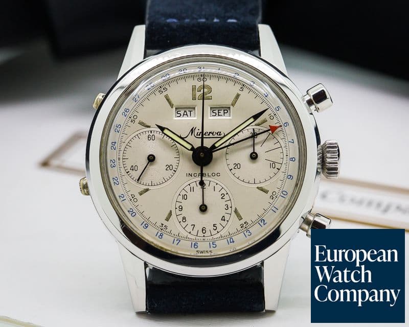 Image of Minerva VF 12 Vintage Calendar Chronograph SS / Silver Dial