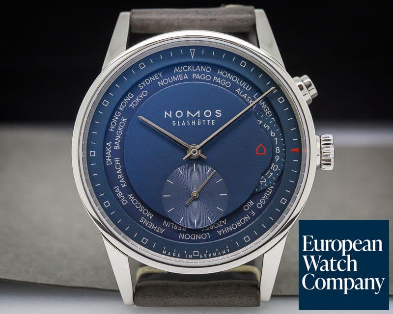 Image of Nomos Zurich "Weltzeit"  Blue World Timer SS / Leather 