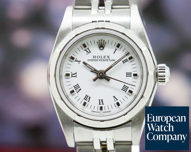Image of Rolex Oyster Perpetual Ladies White Roman Dial Engine Turned Bezel SS  