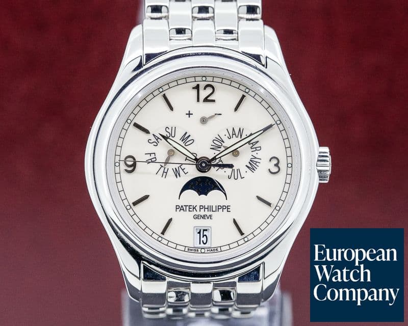 Image of Patek Philippe Annual Calendar Moon 18k White Gold Porcelain Dial Bracelet 

