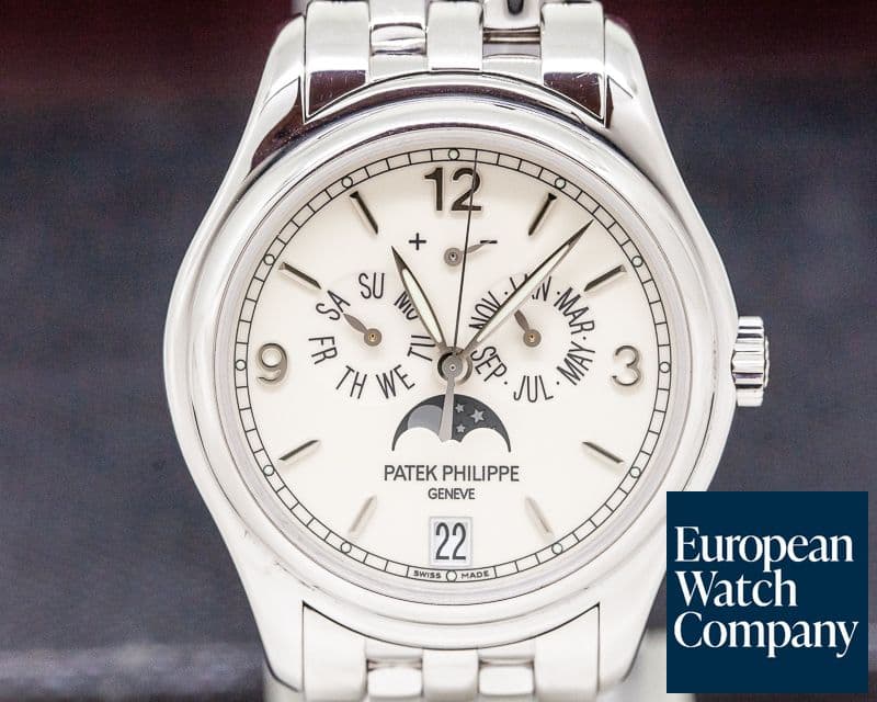 Image of Patek Philippe Annual Calendar Moon 18k White Gold Porcelain Dial Bracelet 

