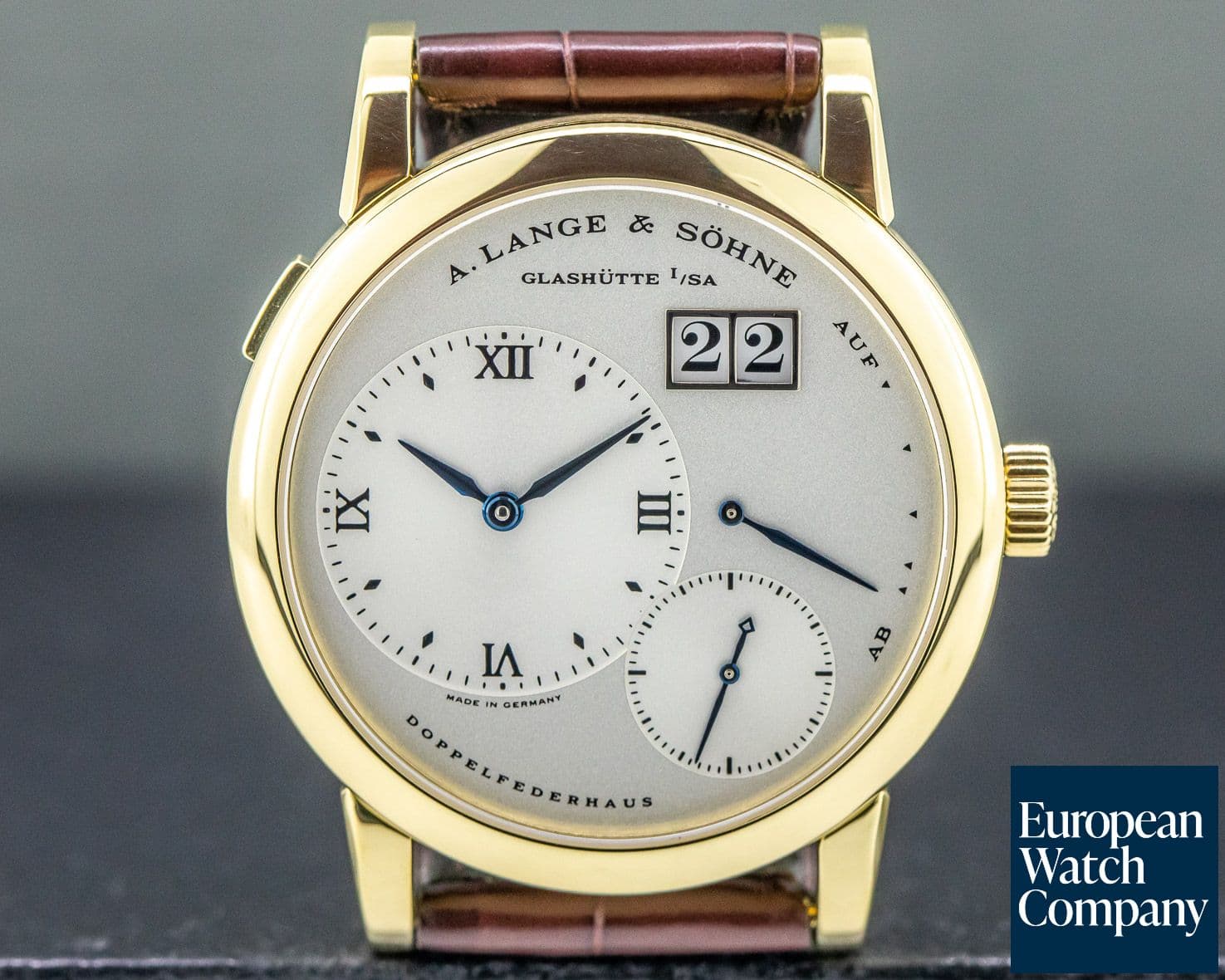 Image of A. Lange and Sohne Lange 1 18K Yellow Gold Blue Hands Silver Dial 