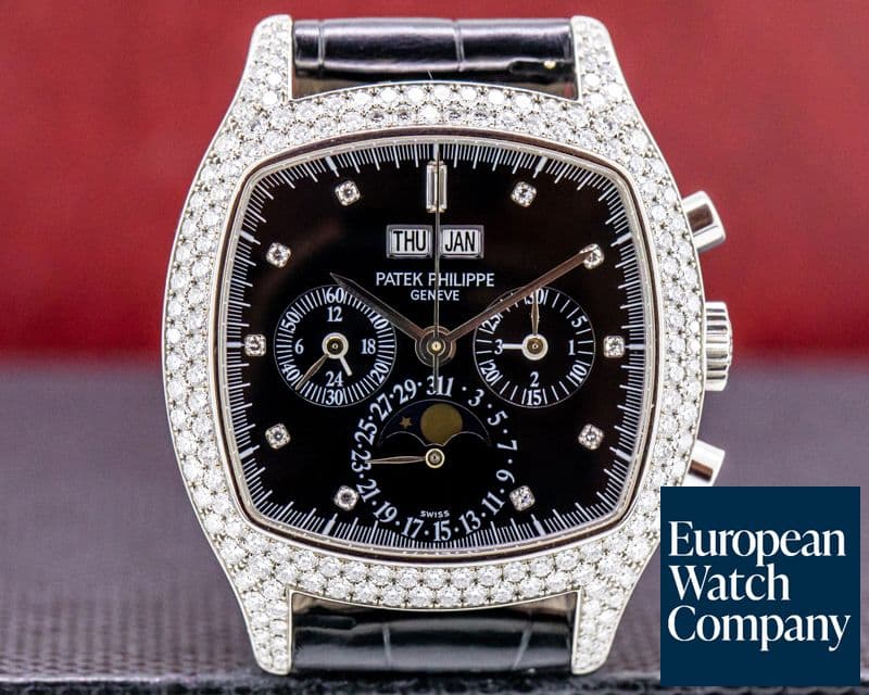 Image of Patek Philippe Platinum Diamond Set 5021 Cushion Perpetual Calendar Black Dial RARE