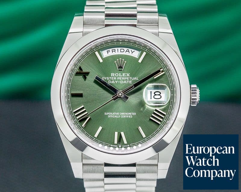 Image of Rolex Day Date Platinum Olive Green Dial Roman Numeral 40MM 2020 UNWORN