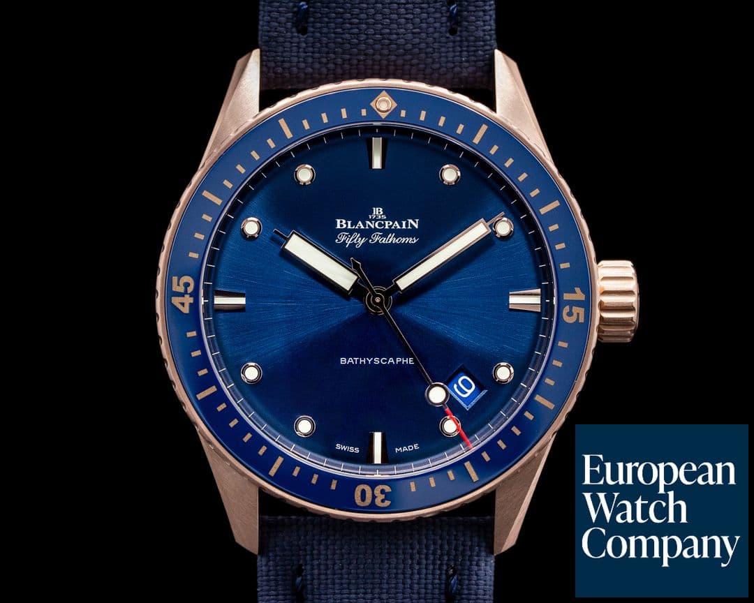 Image of Blancpain Fifty Fathoms Bathyscaphe 18k Rose Gold Blue Dial UNWORN
