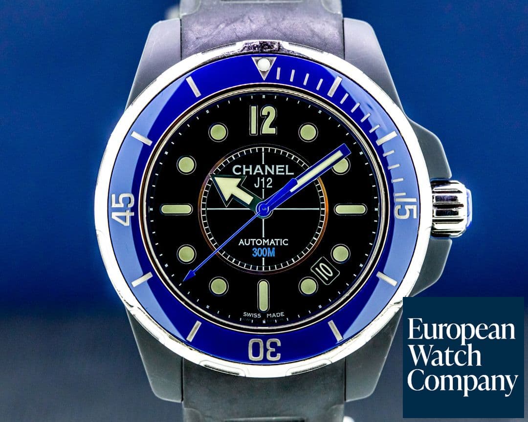 Image of Chanel J12 Ceramic Marine Black Rubber / Blue Bezel