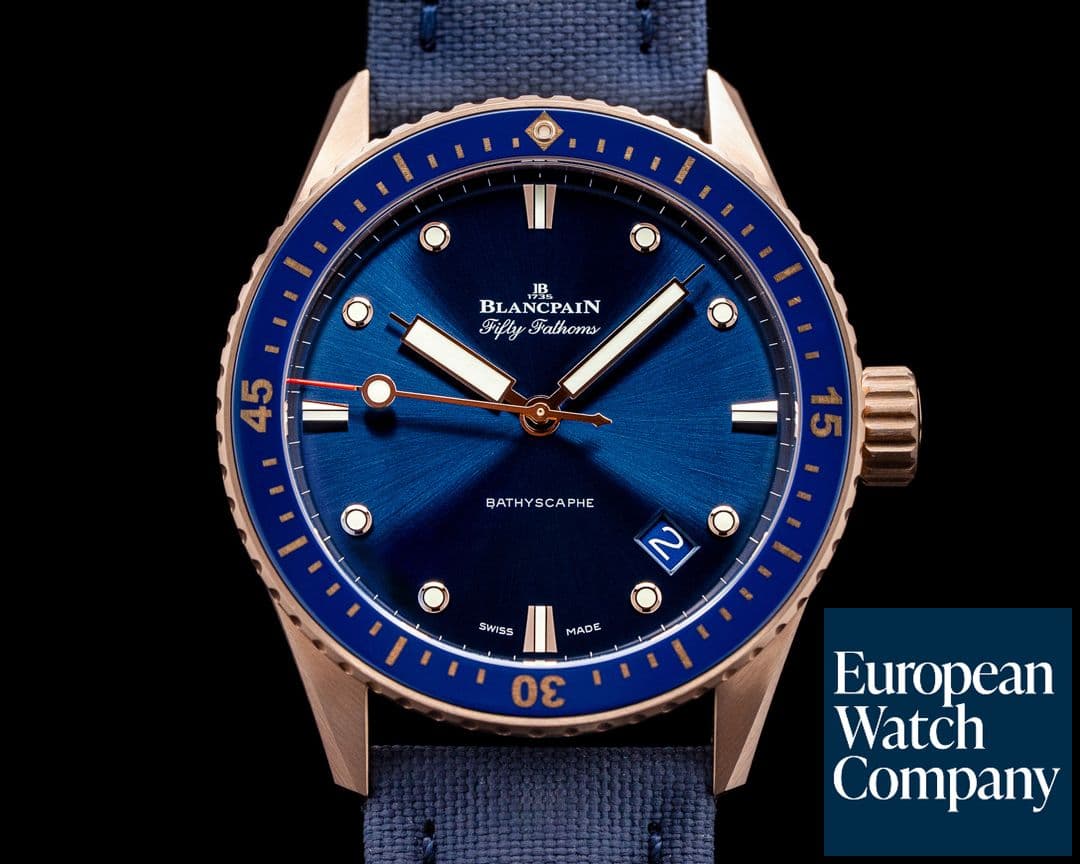 Image of Blancpain Fifty Fathoms Bathyscaphe 18k Rose Gold Blue Dial 2021
