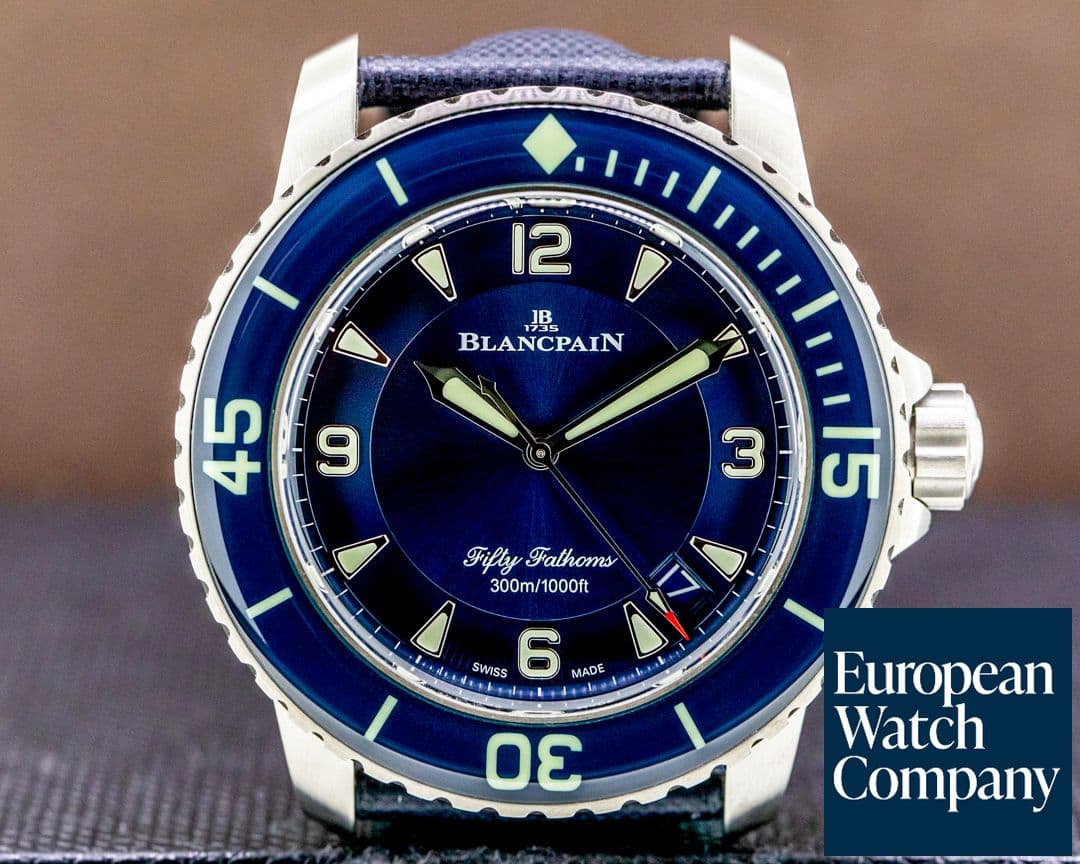 Image of Blancpain Fifty Fathoms / Blue Dial Titanium Bracelet with Sail cloth 
