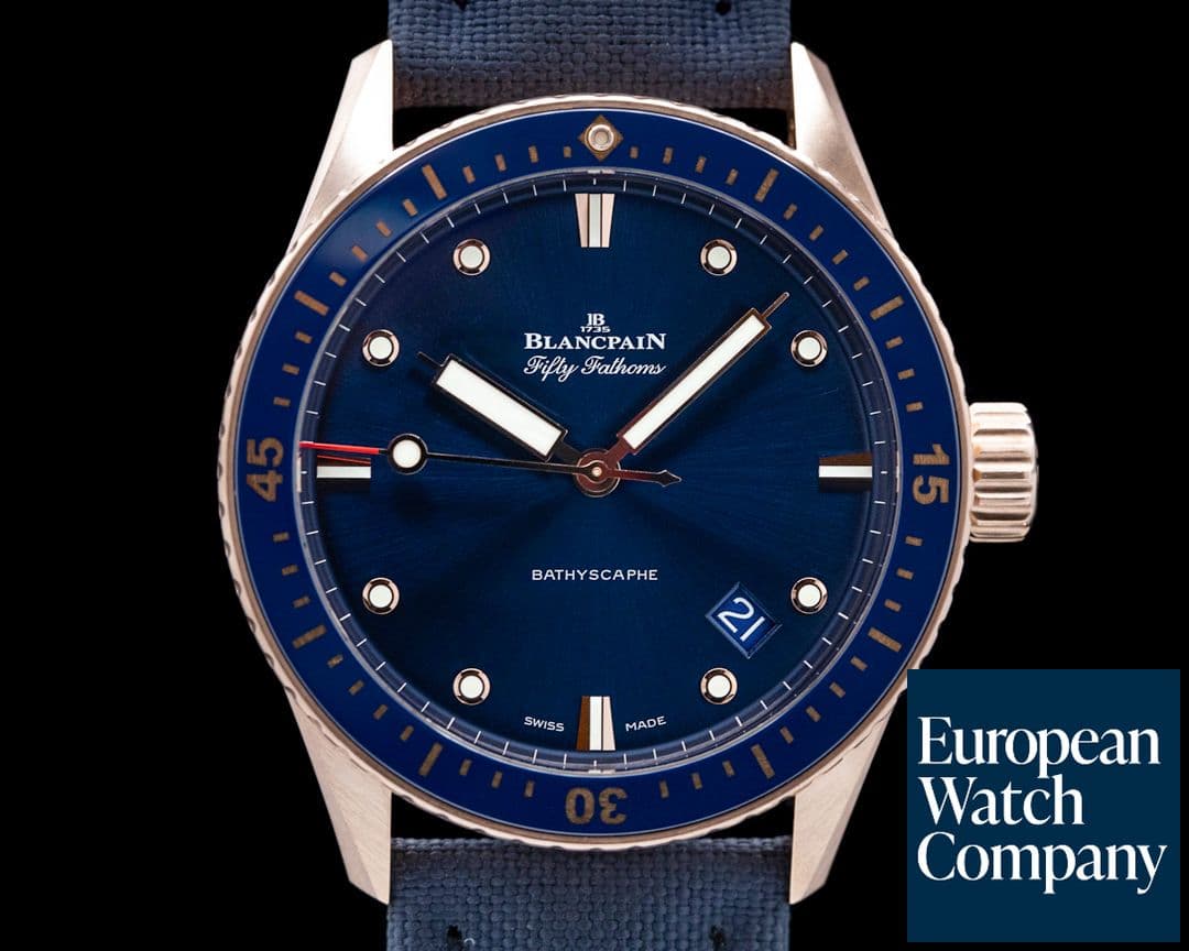 Image of Blancpain Fifty Fathoms Bathyscaphe 18k Rose Gold Blue Dial 