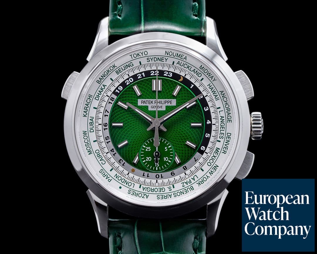 Image of Patek Philippe World Time 5930P Chronograph Platinum Green Dial UNWORN