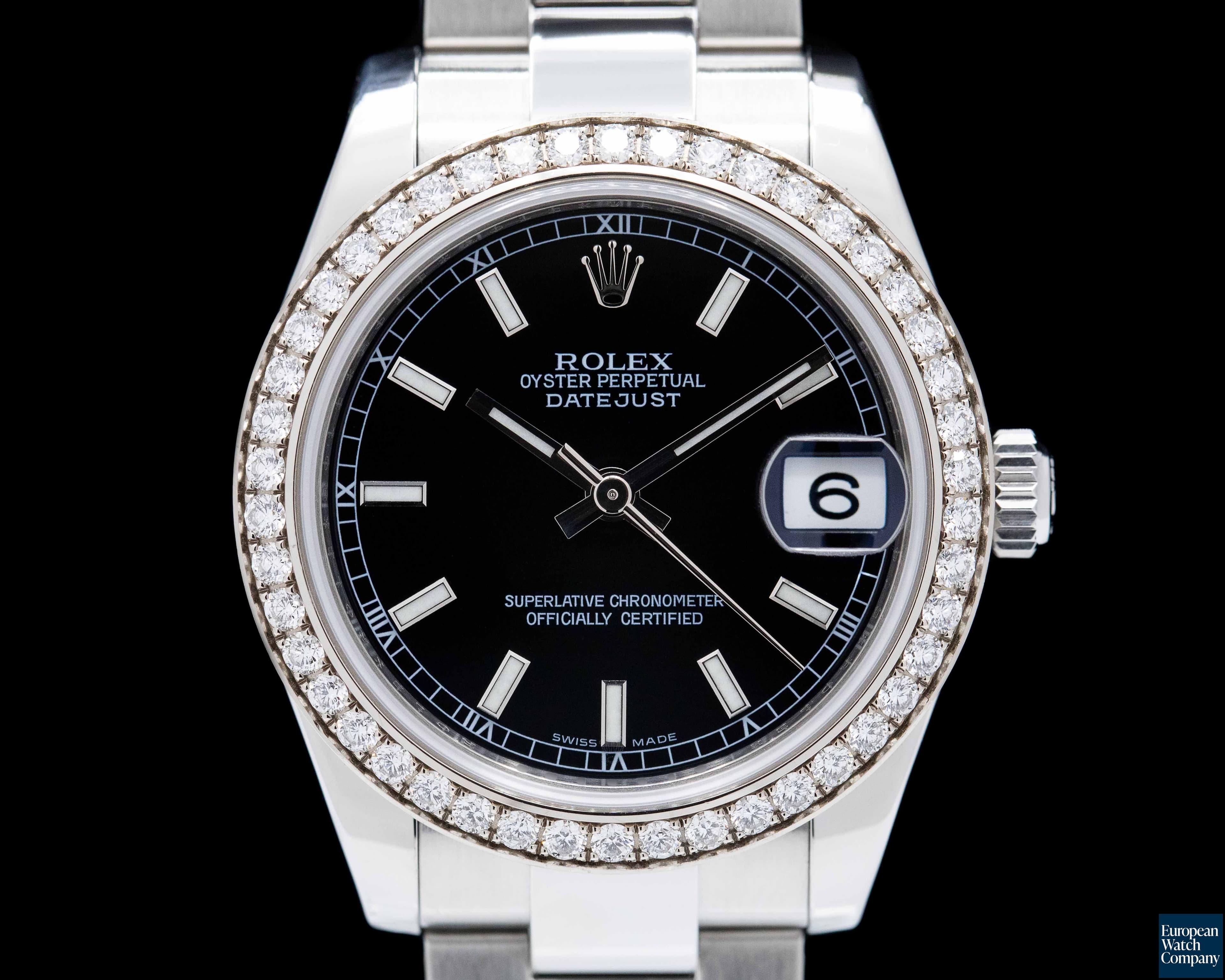 Image of Rolex Ladies Midsize Rolex Datejust Black dial with factory diamond bezel 