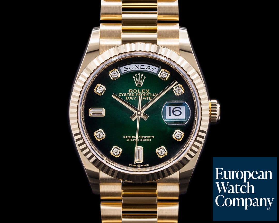 Image of Rolex Day Date President 128238 "Green Ombre" Fume Diamond Dial 2022 UNWORN