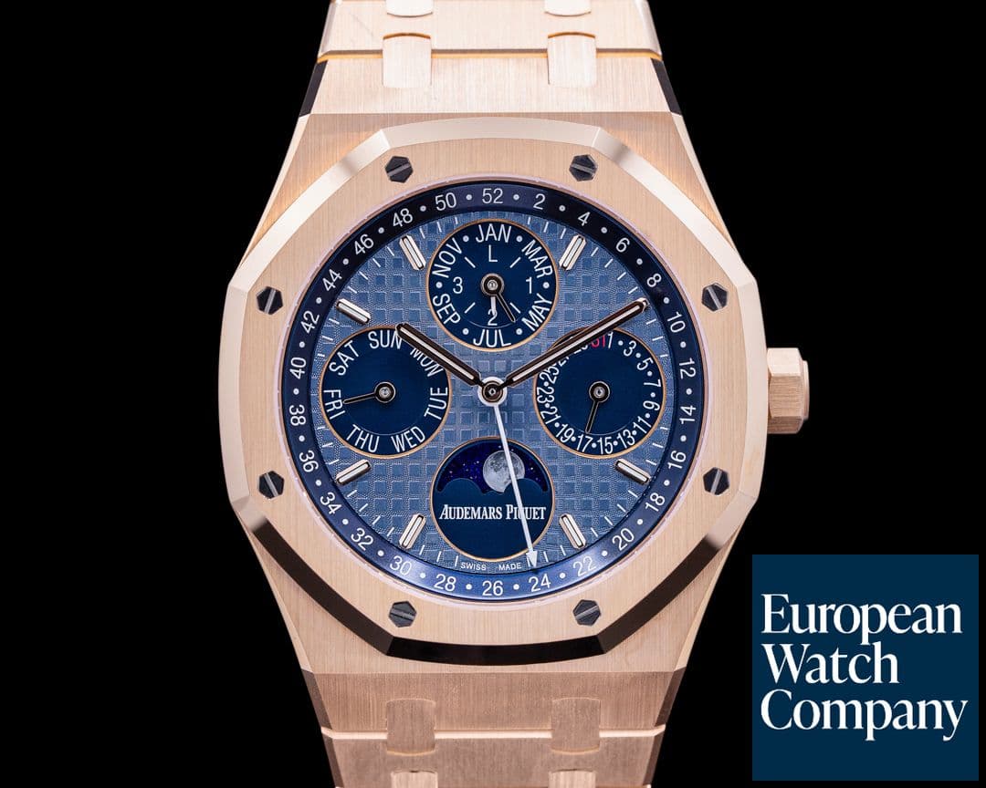 Image of Audemars Piguet Royal Oak 26574OR Perpetual Calendar 18k Rose Gold Blue Dial UNWORN