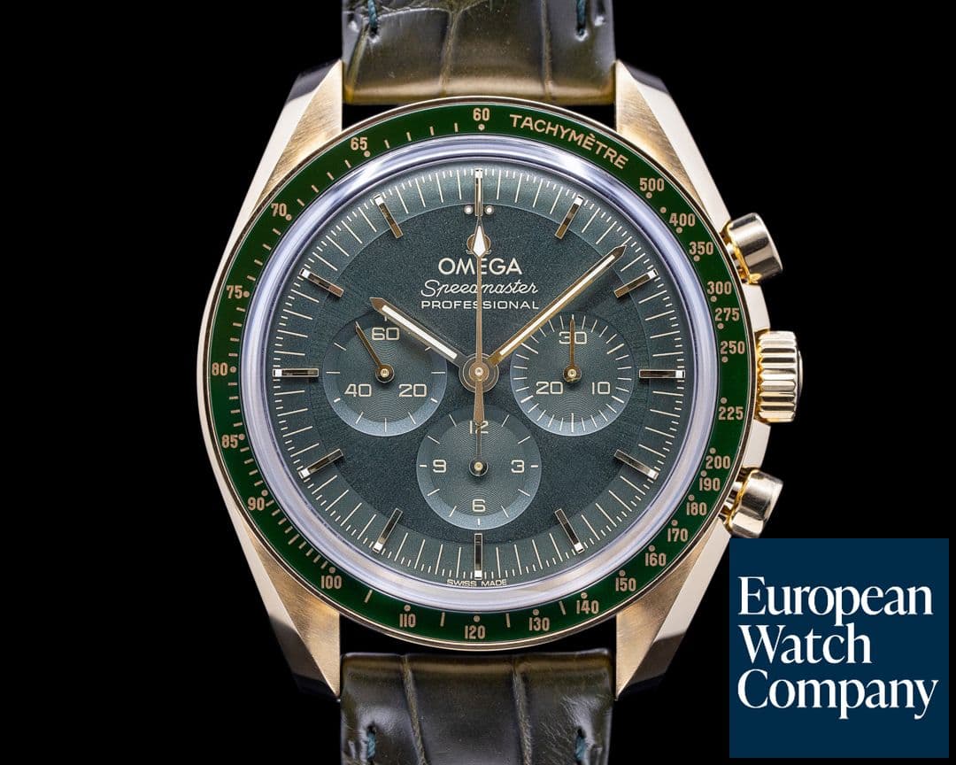 Image of Omega Speedmaster Moonwatch Professional Yellow Gold Green Dial UNWORN
