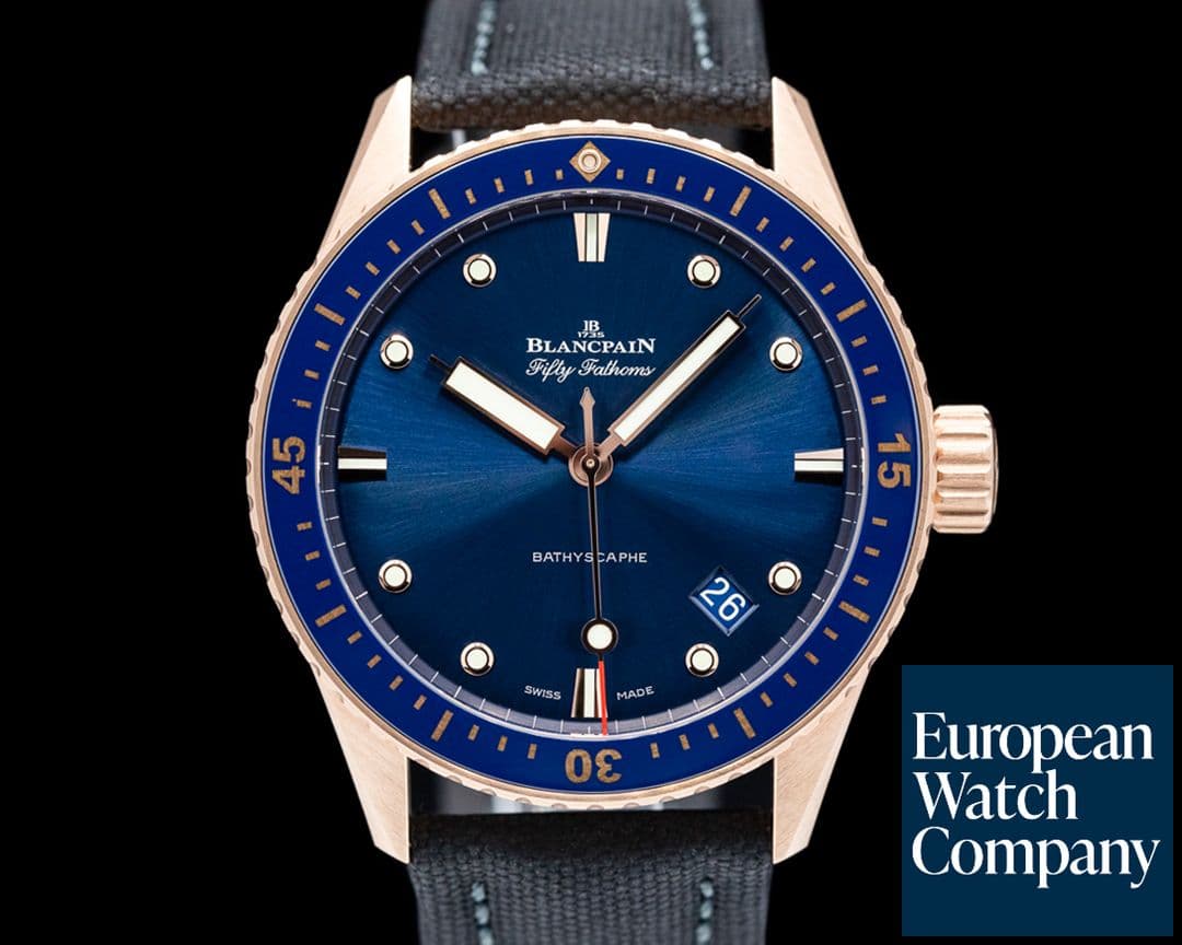 Image of Blancpain Fifty Fathoms Bathyscaphe 18k Rose Gold Blue Dial 2022