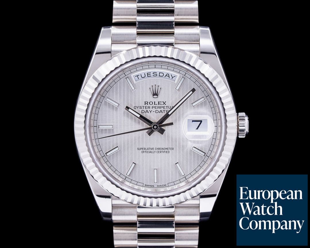 Image of Rolex Day Date 228239 President 18K White Gold Silver Tapestry Dial 40MM
