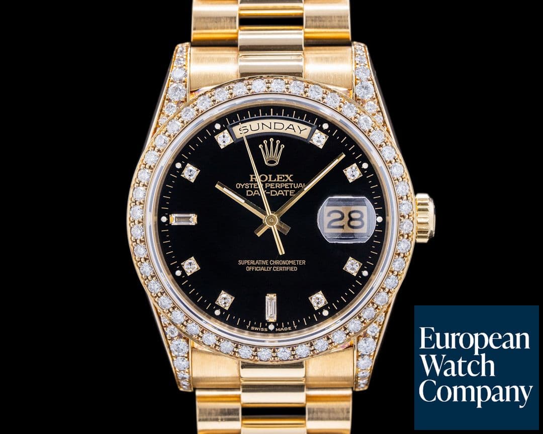 Image of Rolex Day Date 18388 18K Yellow Gold Black Diamond Dial RARE 