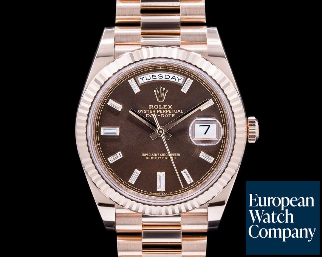 Image of Rolex Day Date 228235 Presidential Everose Gold Chocolate Diamond Baguette Dia