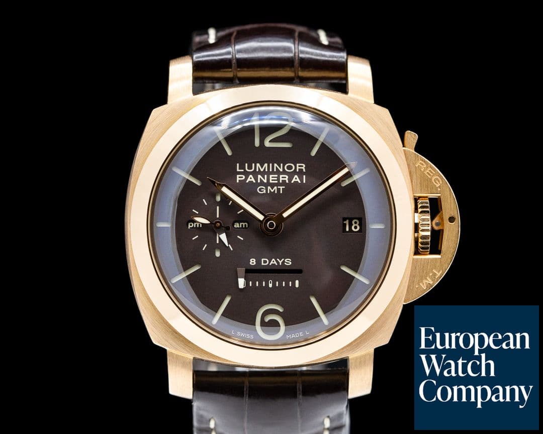 Image of Panerai Luminor 1950 Pam 289 8 Day GMT, 18K Rose Gold Brown Dial Manual Wind 44M