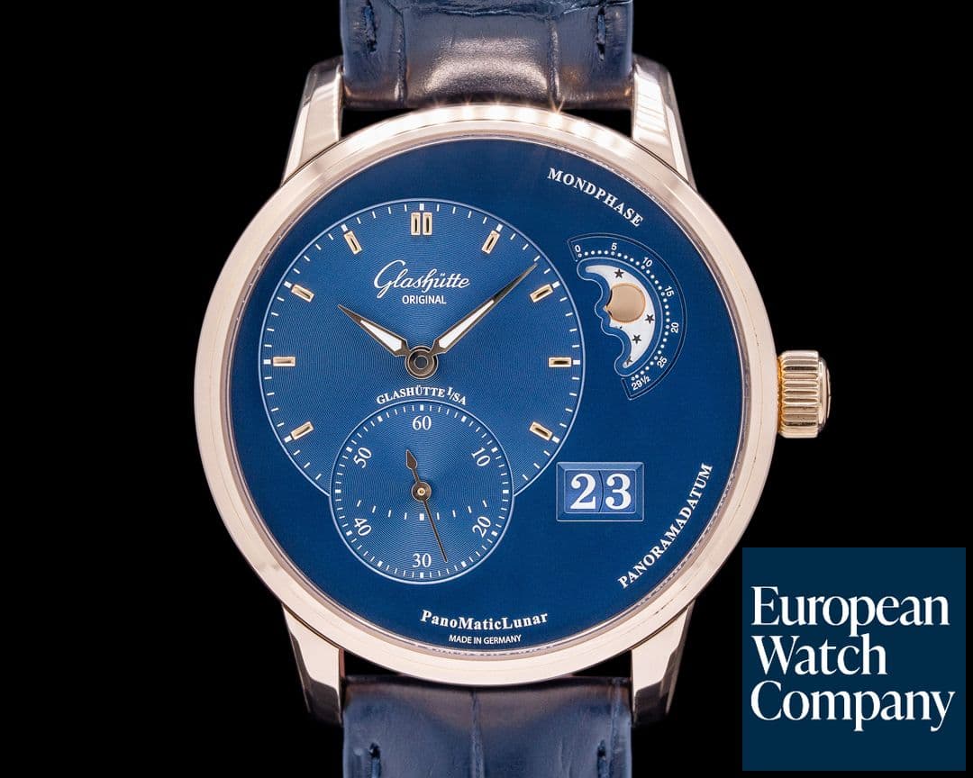 Image of Glashutte Original PanoMatic Lunar Rose Gold Blue Dial Deployant NICE