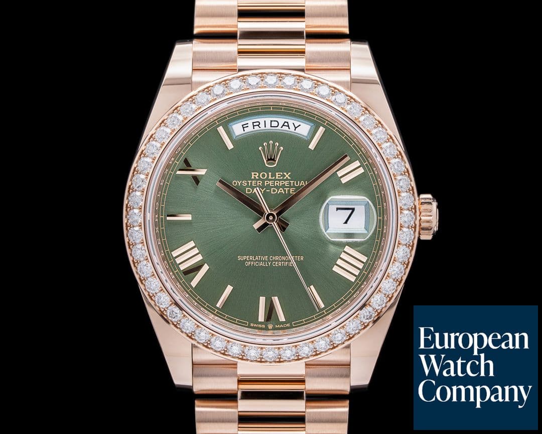 Image of Rolex Day Date Presidential Everose Gold Green Dial Diamond Bezel 40MM 