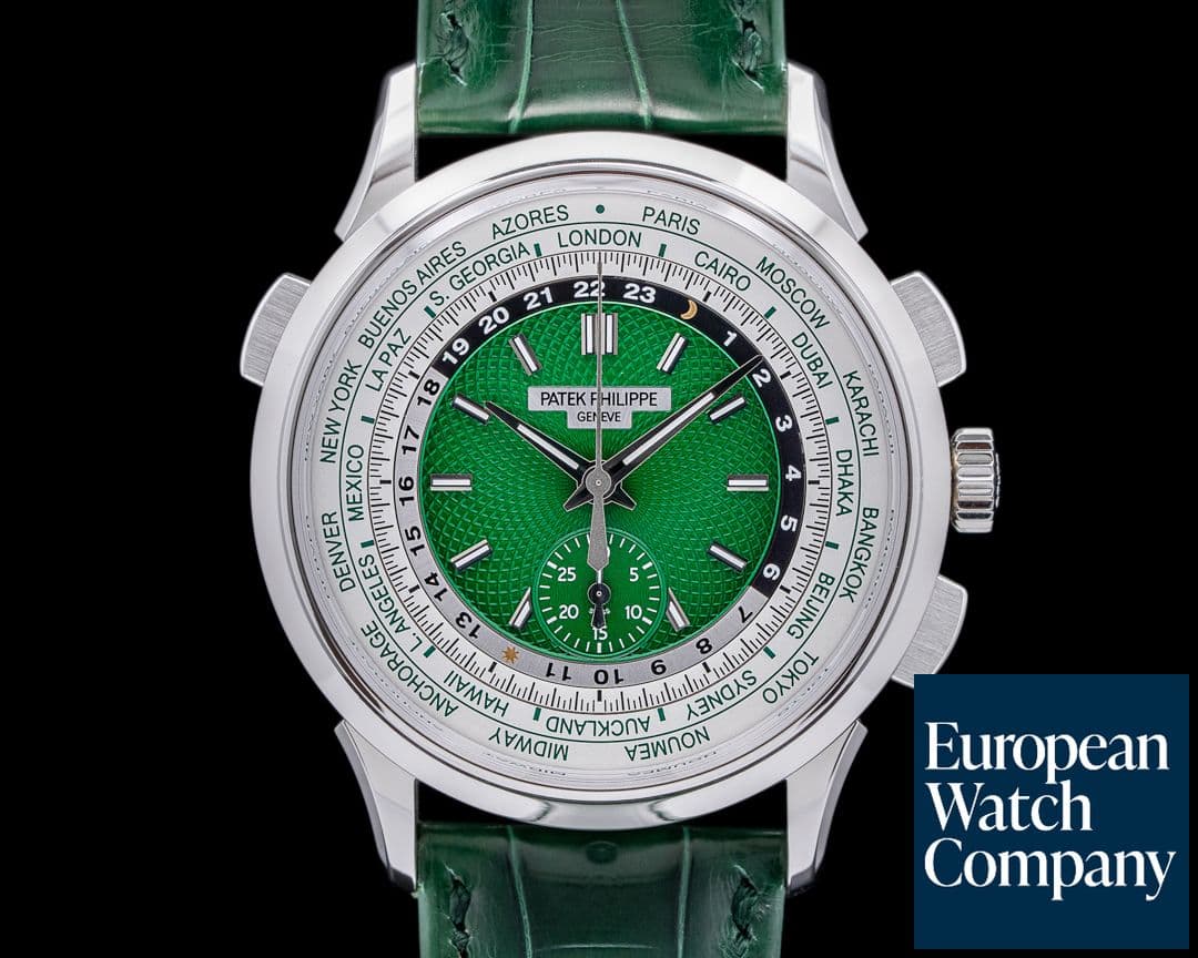 Image of Patek Philippe World Time 5930P Chronograph Platinum Green Dial UNWORN