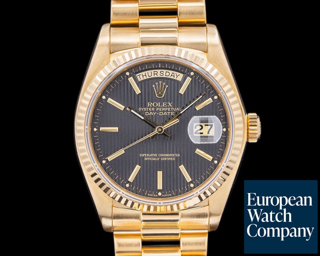 Image of Rolex Day Date 18038 Black Tapestry Dial Yellow Gold c. 1980 Full Set