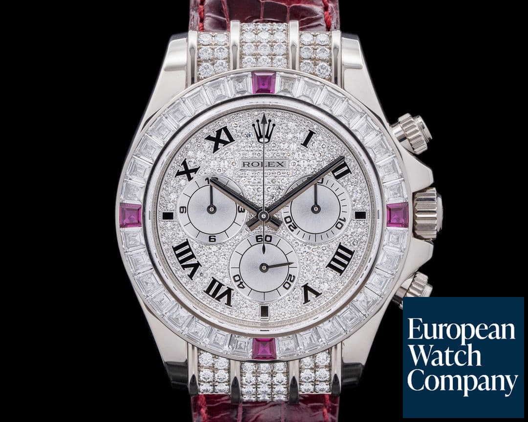 Image of Rolex Daytona 116599 18K WG Pave Dial Baguette Diamond & Ruby Bezel