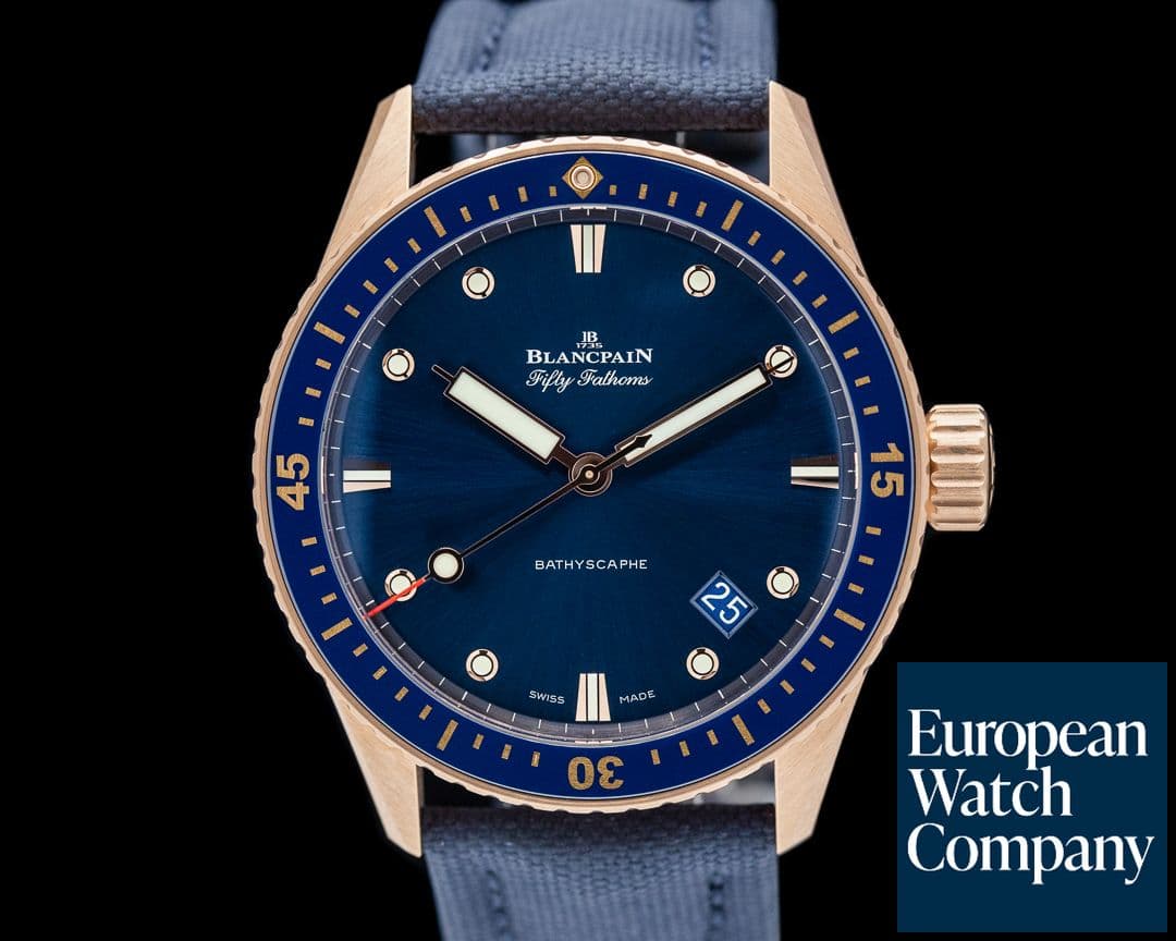 Image of Blancpain Fifty Fathoms Bathyscaphe 18k Rose Gold Blue Dial