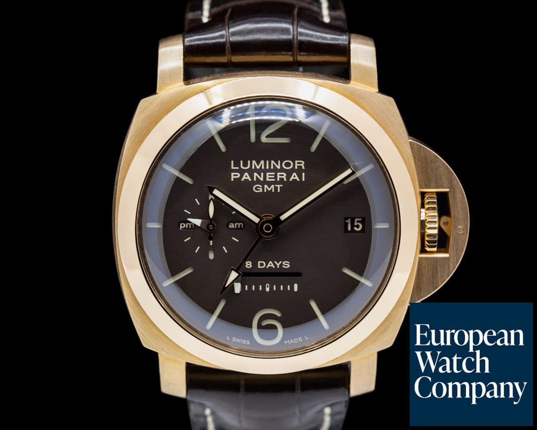 Image of Panerai Luminor 1950 8 Day GMT "Oro Rosa" 18K Rose Gold / Brown Dial