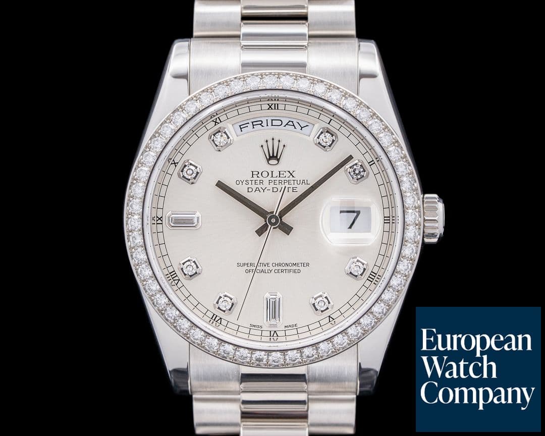 Image of Rolex Oyster Perpetual Day-Date President 118346 Platinum Diamond Silver Dial