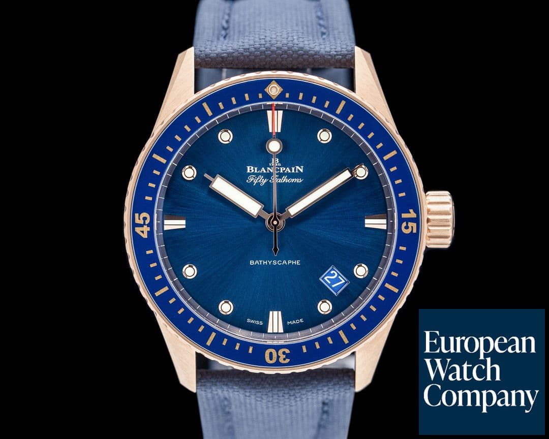 Image of Blancpain Fifty Fathoms Bathyscaphe 18K Rose Gold Blue Dial