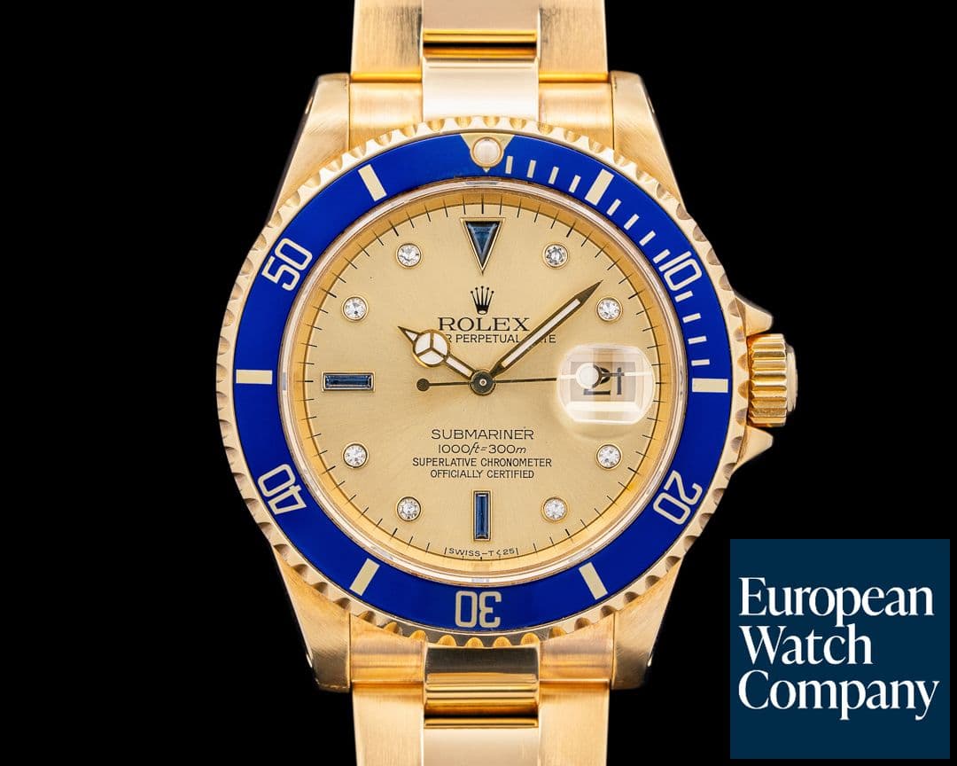 Image of Rolex Submariner 16618 18K Yellow Gold Champagne Serti Dial RARE
