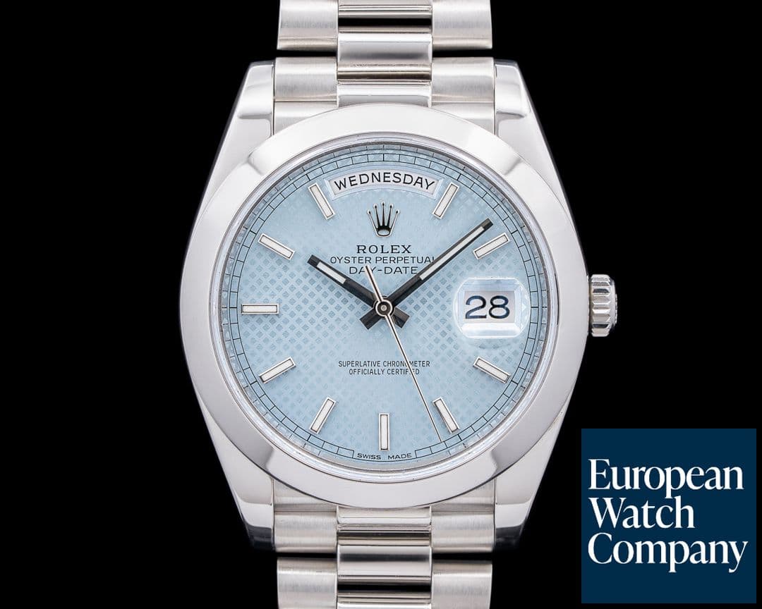 Image of Rolex 228206 Day Date President Platinum Ice Blue Diagonal Motif Dial