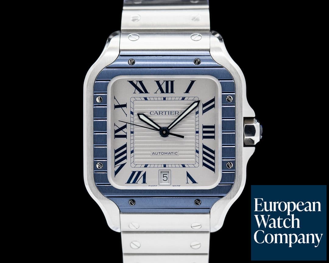 Image of Cartier Santos Large Automatic Blue Bezel SS Silver Dial