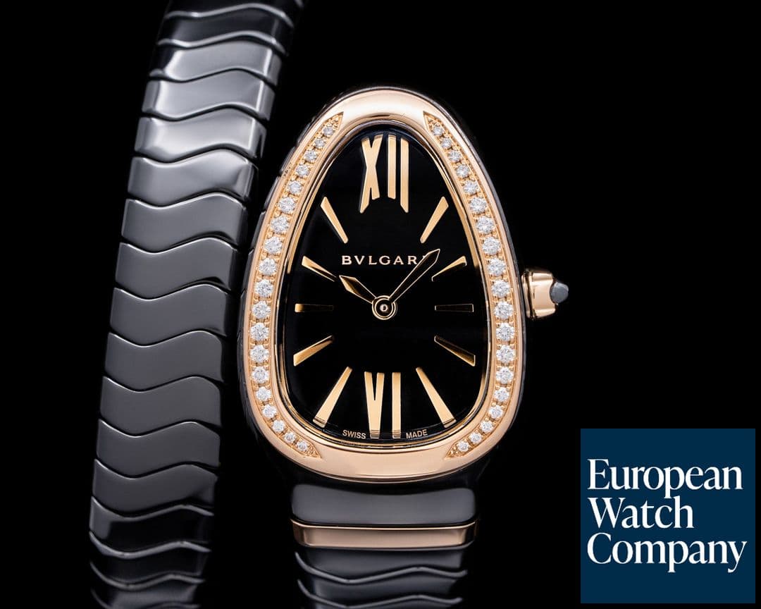 Image of Bulgari Serpenti Spiga Black Ceramic 18K Pink Gold Diamond Bezel