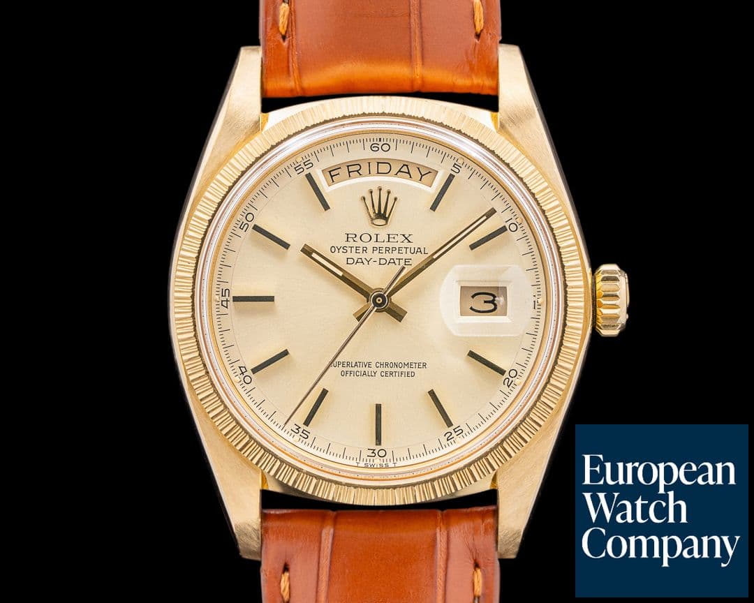 Image of Rolex Day Date 1807 Champagne Dial Engine Turned Bezel SHARP c. 1973