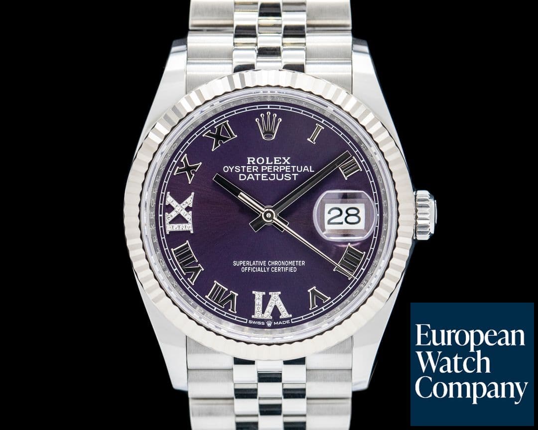Image of Rolex Datejust 36 SS Fluted Jubilee Roman Diamonds SS Purple Dial 2024 UNWORN